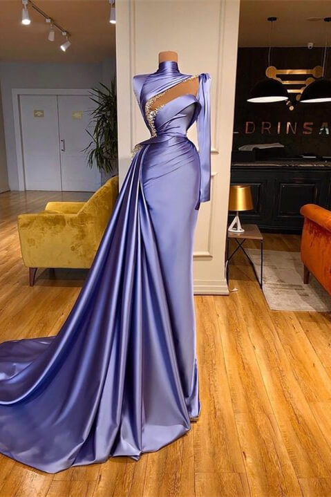 edgynewlook High Neck Long Sleeves Mermaid Prom Dress Beadings With Ruffles