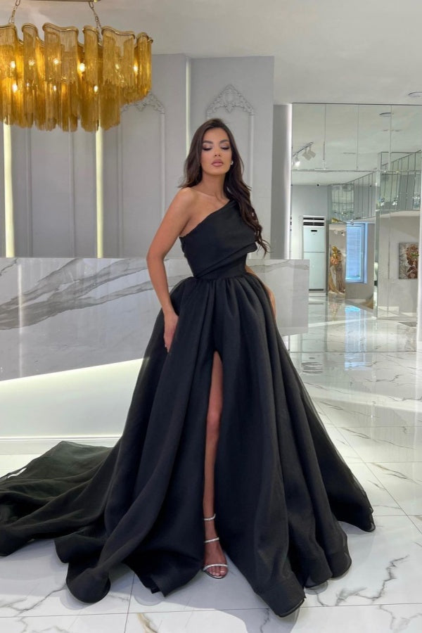 Black A Line Prom Dress One Shoulder Long Split Sleeveless YH0048