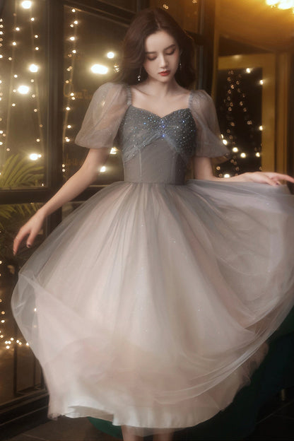 Gray tulle short A line prom dress homecoming dress  8778