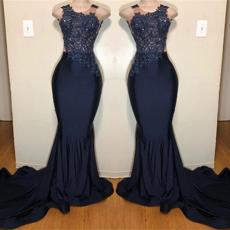 Dark Blue Appliques Mermaid Prom Dress Sleeveless PD0600