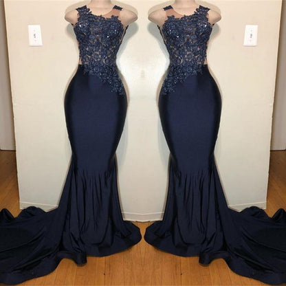 Dark Blue Appliques Mermaid Prom Dress Sleeveless PD0600