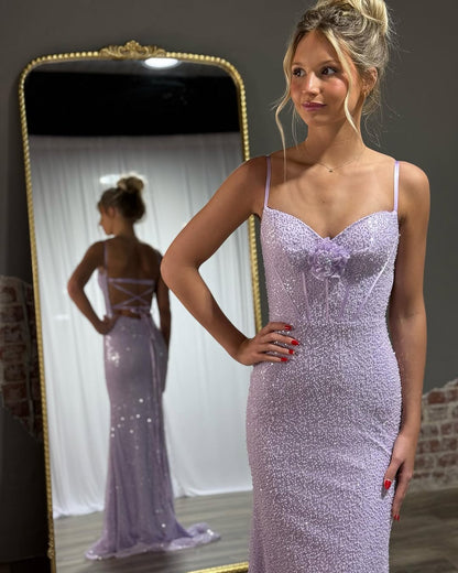 Lilac Beaded Spaghetti-Straps Mermaid Prom Dress ZT0504