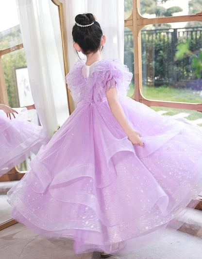 Ruffled Short Sleeves Floor Length Layered Girl Party Dresses with Beading Round Neck