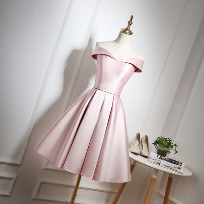 Simple satin short prom dress pink evening dress  8208