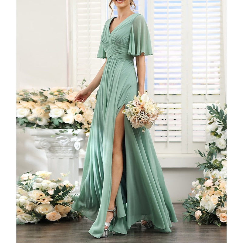 A-Line/Princess V Neck Short Sleeves Bridesmaid Dresses Wedding Guest Dresses