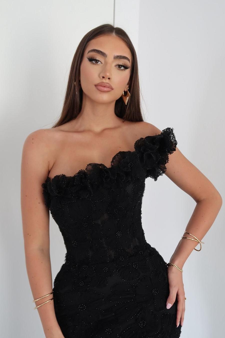 edgynewlook Glamorous Black Applique One Shoulder Sleeveless Mermaid Beadings Prom Dress with Ruffles