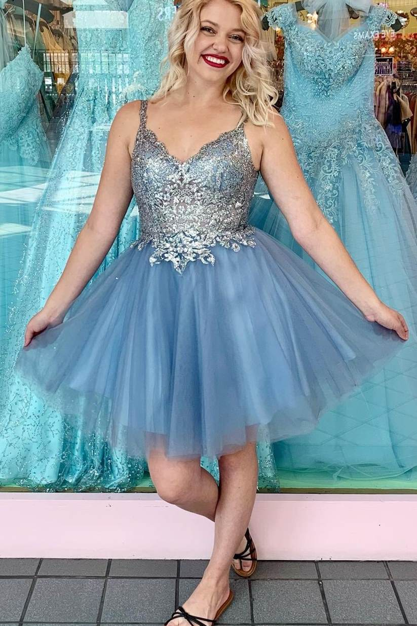 A-line Misty Blue Appliques Short Homecoming Dress gh1500