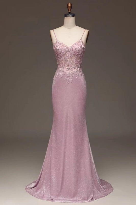 Elegant Pink Spaghetti Straps Embroidery Prom Dress Shining Mermaid Dress YX0045