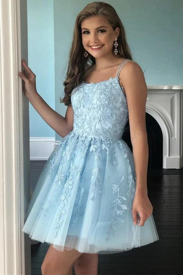 A Line Light Blue Tulle Homecoming Dress With Lace Appliques, Short Prom Dress gh1681