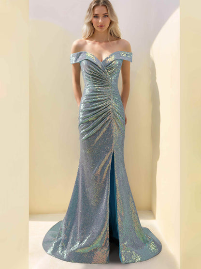 Mermaid/Trumpet Off-the-Shoulder Sleeveless Floor-Length Long Mother of the Bride Dresses with Split Side,Sequins & Ruffles