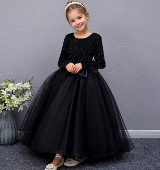 Long Sleeves Floor Length  Round Neck A-Line/Princess Girl Party Dress with Bow