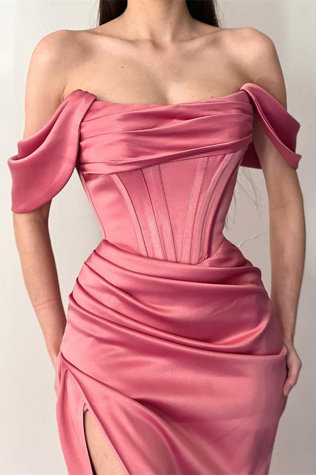 Dusty Rose Off-The-Shoulder Pleated Prom Dress Mermaid Split ED0004