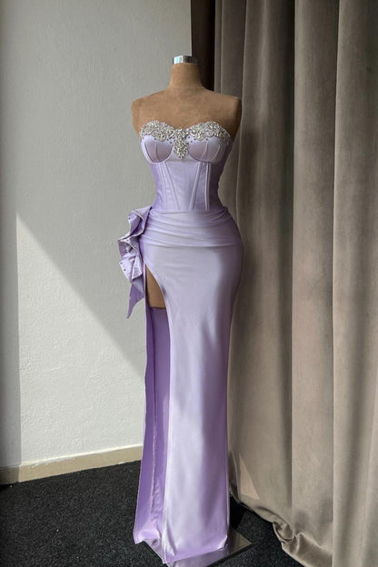 Light Purple Prom Dress With Rhinstone High Slit Gown Sleeveless YL0294