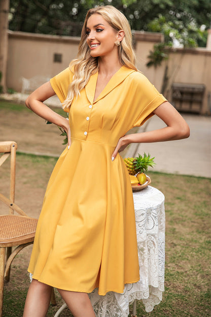 Elegant Yellow V Neck Vintage Dress