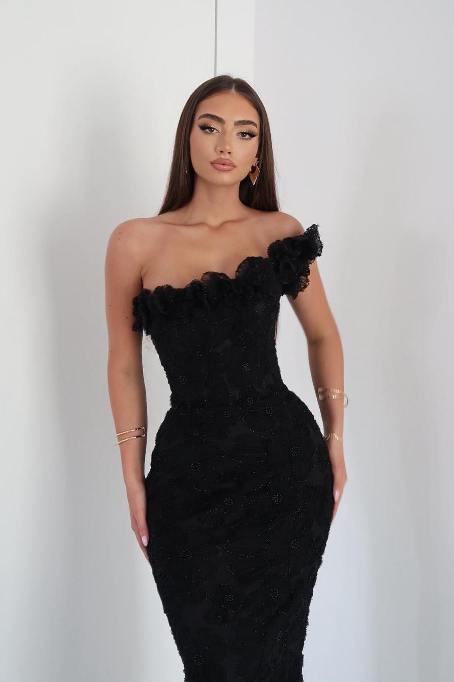 edgynewlook Glamorous Black Applique One Shoulder Sleeveless Mermaid Beadings Prom Dress with Ruffles