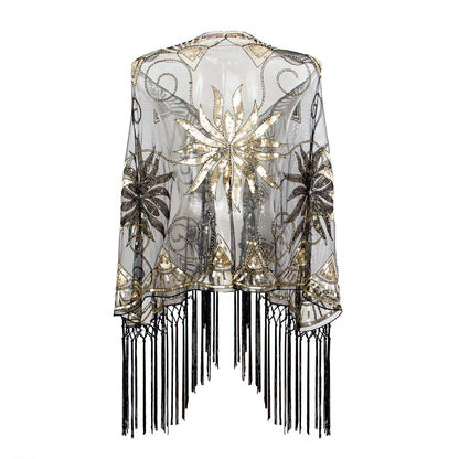 Women's Sequins Tassel Fringe Vintage Dress Cape Wrap Shawls