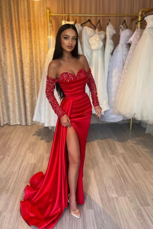 edgynewlook Red Strapless Split Prom Dress Long sleeves with Sequins