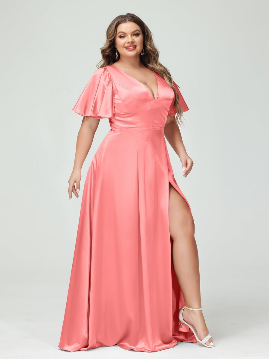 A-Line V-Neck Half Sleeves Silk Satin Plus Size Bridesmaid Dresses with Pockets