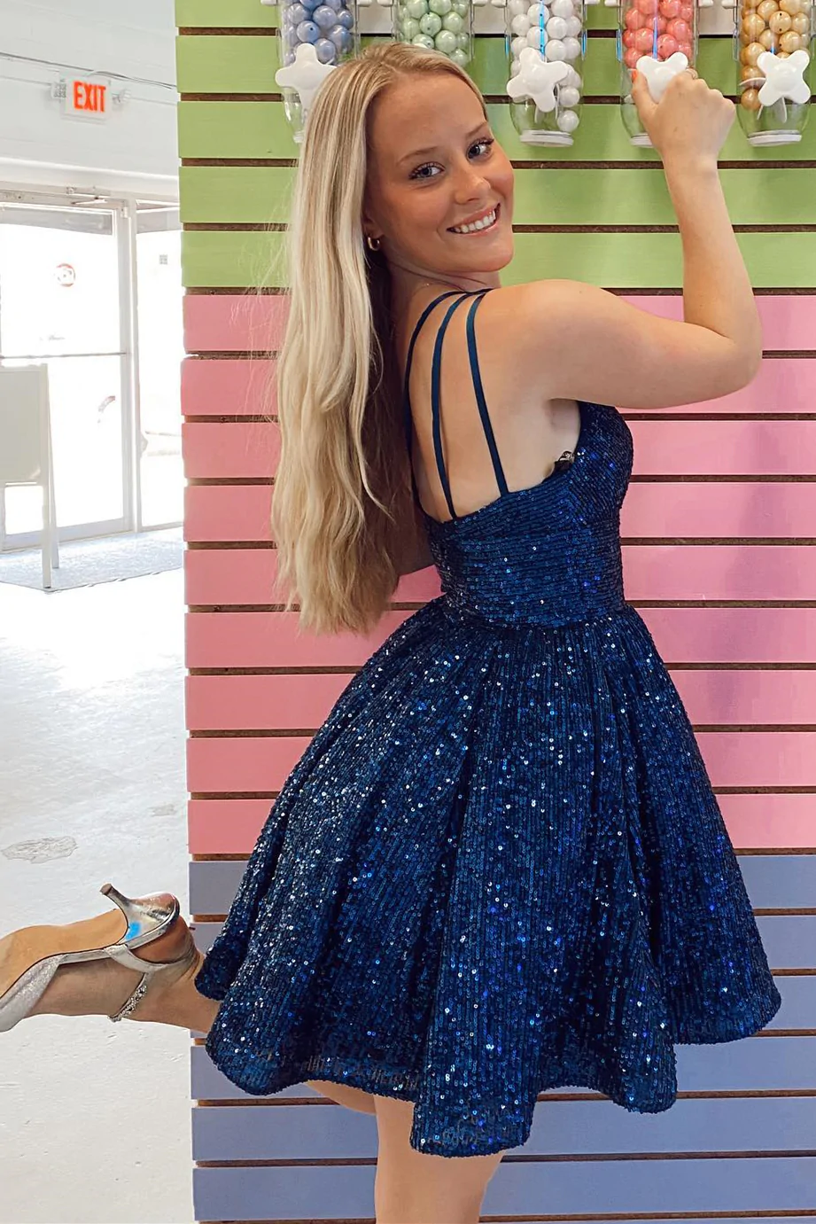 Navy Blue Sequins One-Shoulder A-Line Short Homecoming Dress gh1406