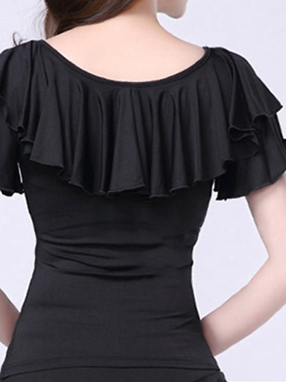 Women's Latin Dance Ballroom Dance Milk Fiber Ruffles Pure Color Short Sleeve Round