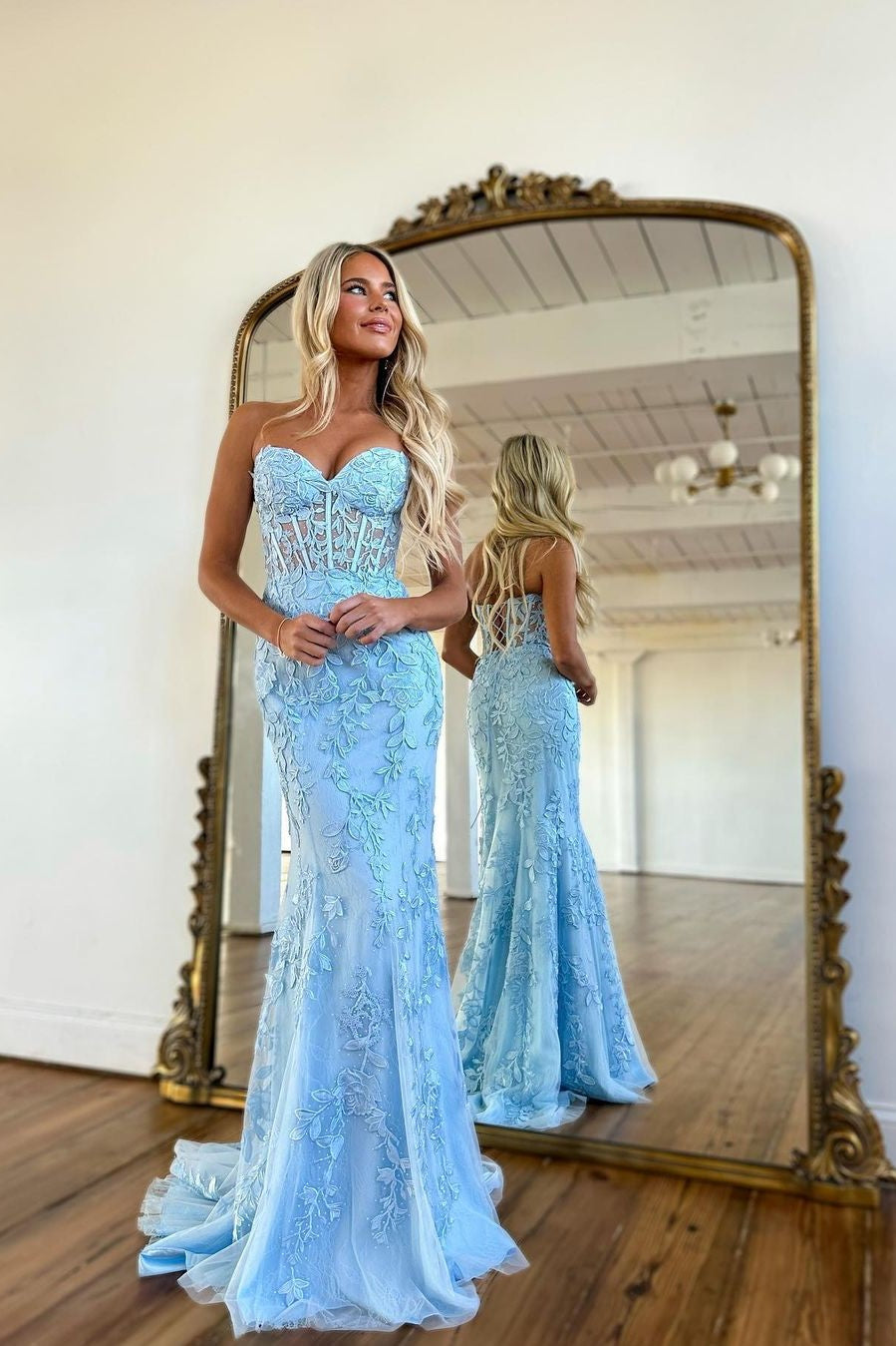 Baby Blue Prom Dress Ball Gown With Mermaid Appliques YL0116