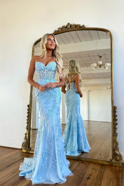 Baby Blue Prom Dress Ball Gown With Mermaid Appliques YL0116