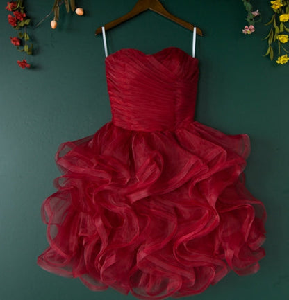 Cute burgundy tulle short prom dress,burgundy evening dress,homecoming dresses  7658