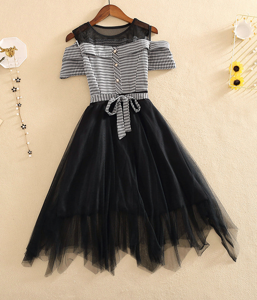 Fashion girl dress A line plaid tulle dress  1235