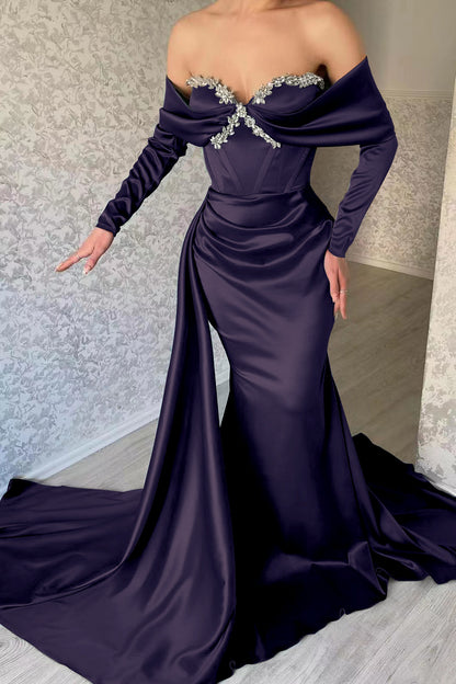 Elegant Sweetheart Portrait Long Sleeves Mermaid Prom Dress With Rhinstone Ruffles ED0396