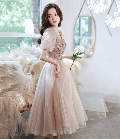 Champagne tulle beads short prom dress homecoming dress  8989