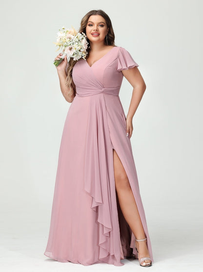 A-Line/Princess V-Neck Short Sleeves Chiffon Ruffles Split Side Plus Size Bridesmaid Dresses with Pockets