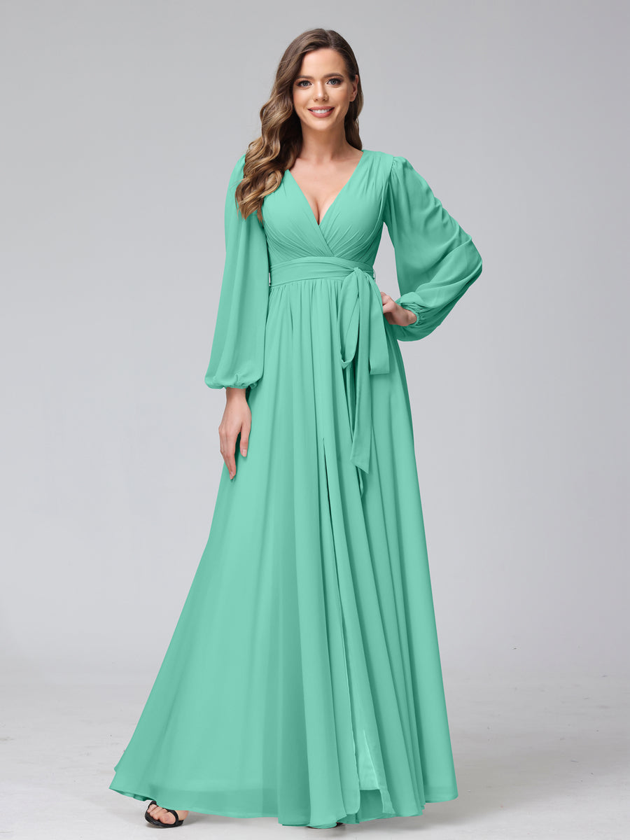 A-Line V-Neck Long Sleeves Chiffon Long Bridesmaid Dresses With Ruffles Split Side