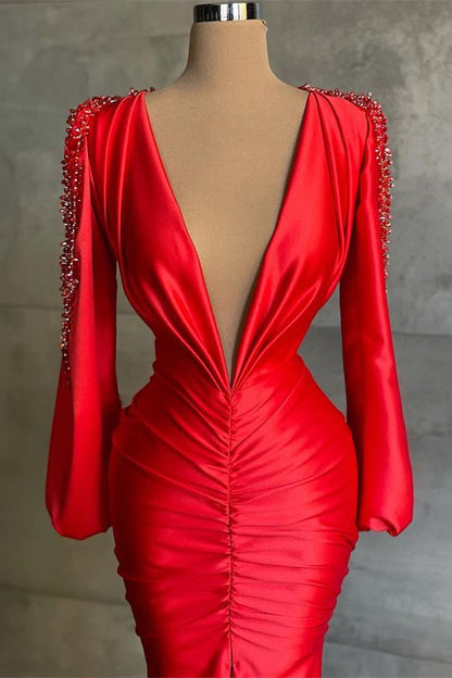 Deep V-Neck Red Mermaid Prom Dress Long Sleeves PD0508