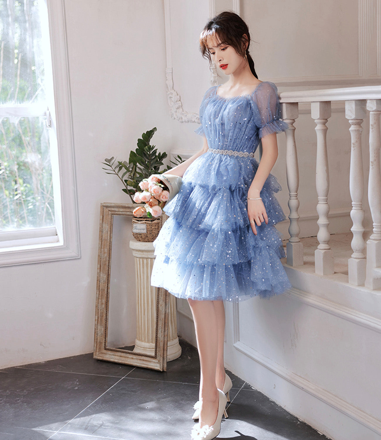 Blue tulle short A line prom dress homecoming dress  8897