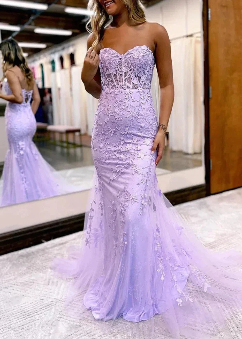 Pink Mermaid Sweetheart Neck Lace Long Prom Dress With Appliques