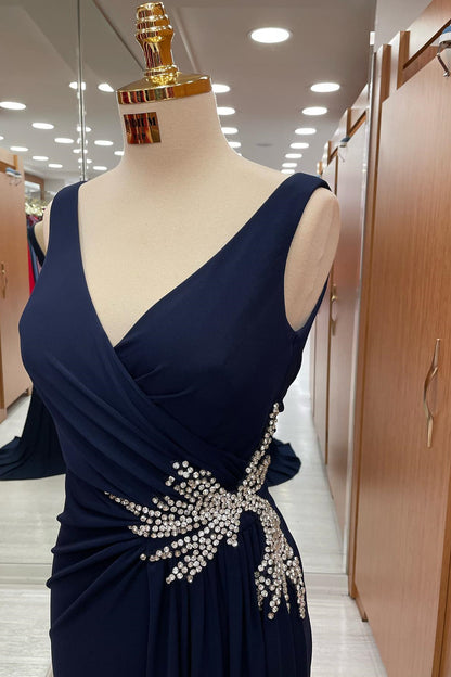 Gorgeous Dark Navy Straps V-Neck Pleated Prom Dress With Rhinestone ED0291