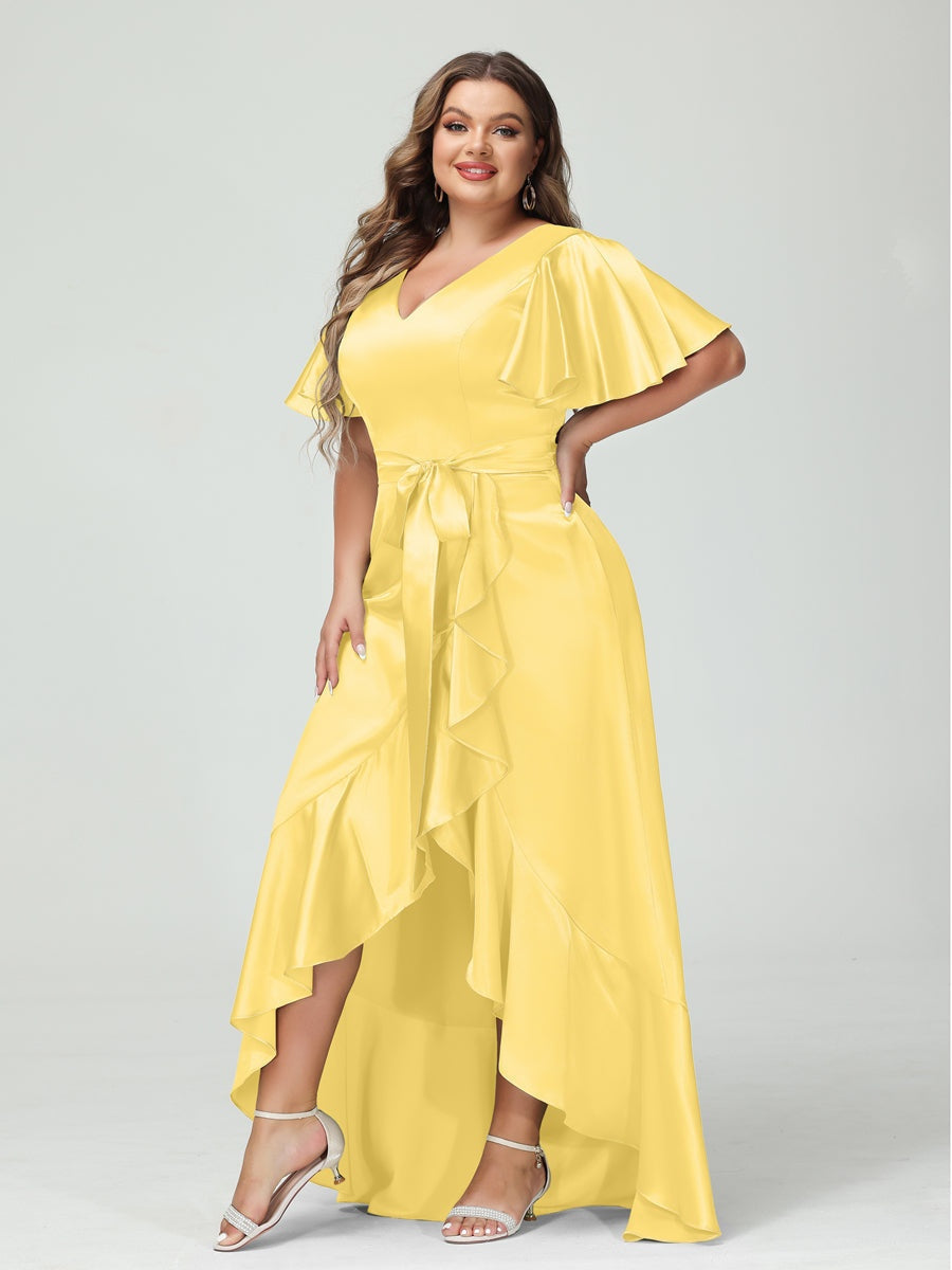 Sheath/Column V-Neck Short Sleeves Ruffles Asymmetrical Plus Size Dresses with Pockets & Sash