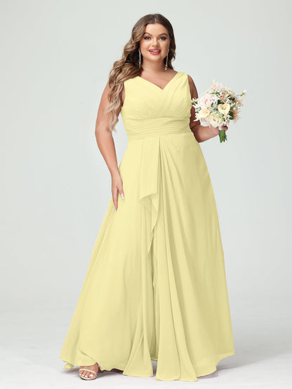 A-Line/Princess V-Neck Sleeveless Chiffon Ruffles Plus Size Bridesmaid Dresses with Pockets & Ruffles