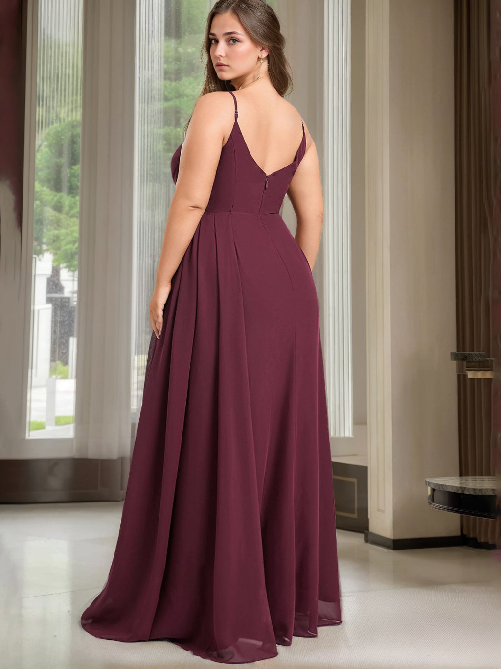 A Line/Princess Spaghetti Straps V-Neck Sleeveless Unique Plus Size Bridesmaid Dresses with Ruffles & Split  Side