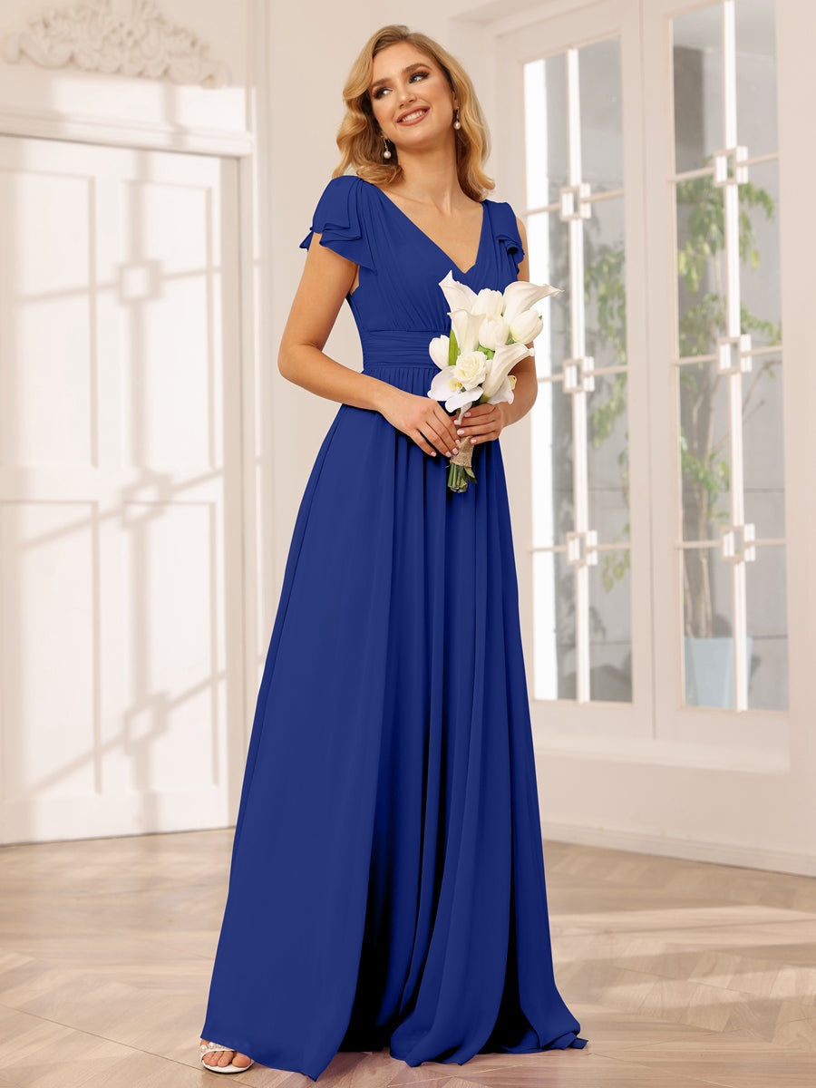 A-Line/Princess V-Neck Short Sleeves Long Bridesmaid Dresses with Ruffles