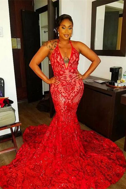 Red Halter Mermaid Prom Dress With Sequins Lace PD0788