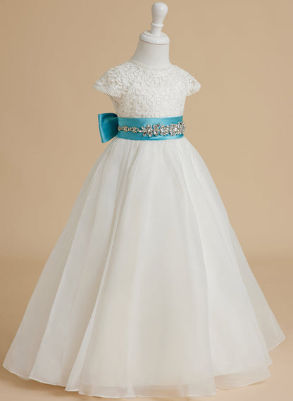 A-line Lace Organza Ankle-length Ivory Flower Girl Dress