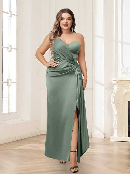 Sheath/Column One-Shoulder Ankle-Length Plus Size Bridesmaid Dresses With Split Side