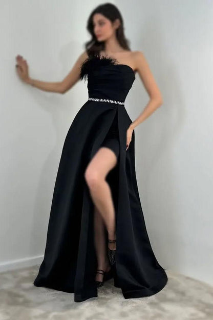 edgynewlook Beautiful Black Satin Sleeveless Strapless Long Split Prom Dress with Feathers