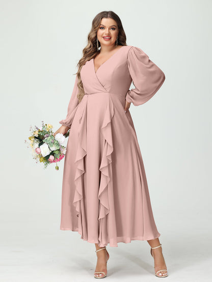 A-Line/Princess/Princess V-Neck Long Sleeves Chiffon Tea-Length Plus Size Bridesmaid Dresses with Pockets & Ruffles