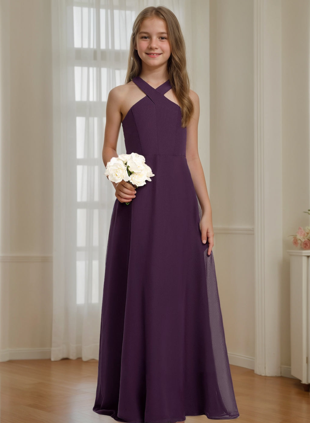 A-line/Princess Halter Sleeveless Floor-Length Junior Bridesmaid Dress