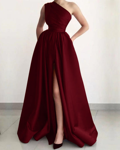 Burnt Orange One Shoulder Elegant Prom Dress A Line Split With Pockets ED0115