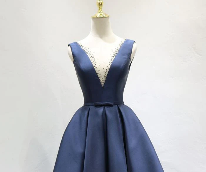 Elegant Beaded V-Neckline Satin Navy Blue Dress, Short Bridesmaid Dress gh345