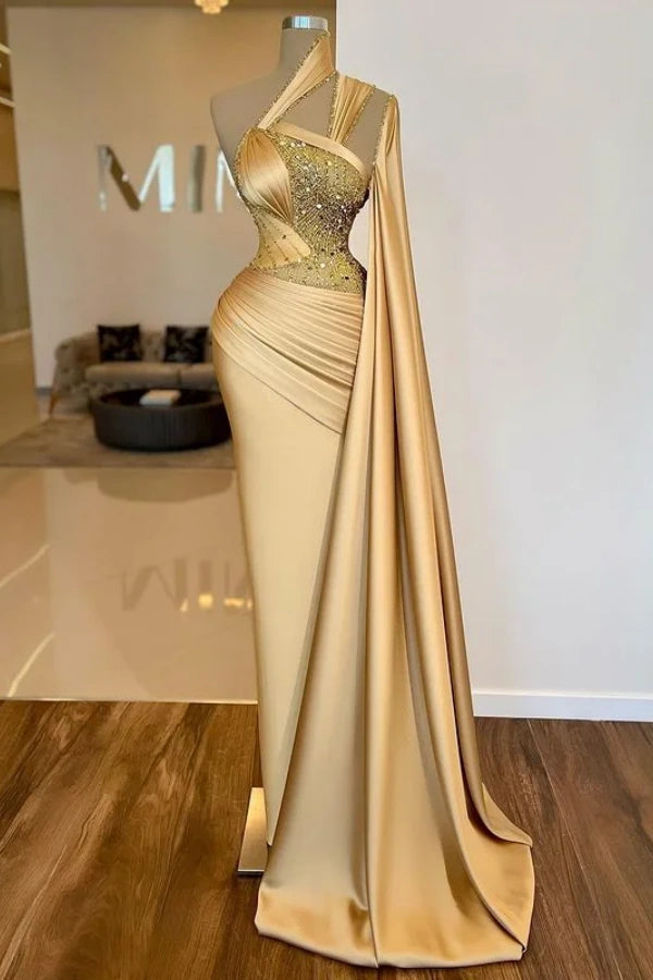 Luxurious Gold Sheath Prom Dress Asymmetric Mermaid Dress HT0054