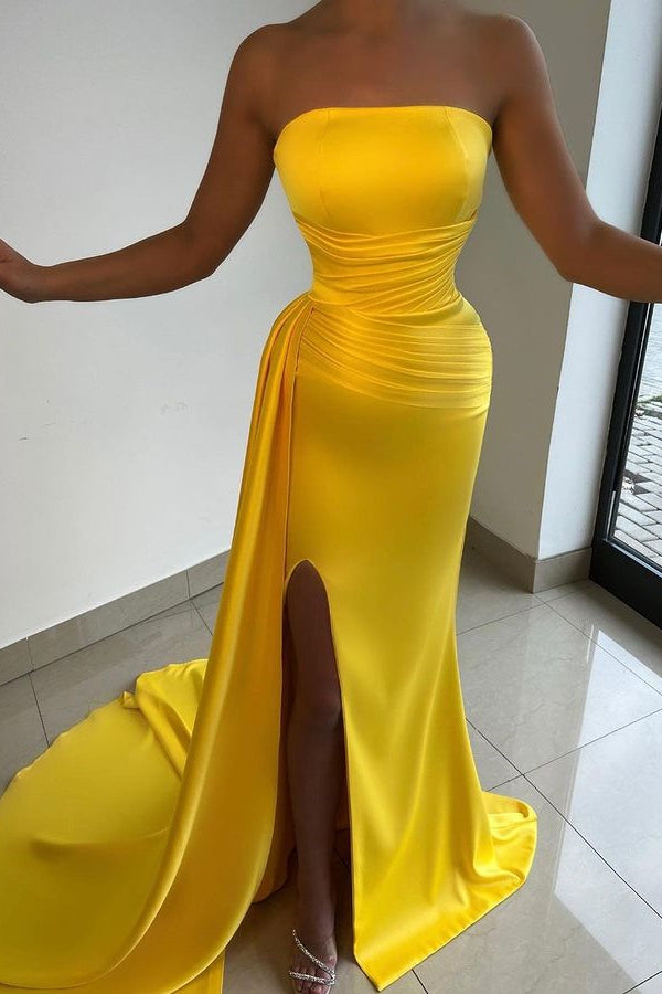 Light Yellow Prom Dress Strapless Sleeveless With Pleated Split ED0587